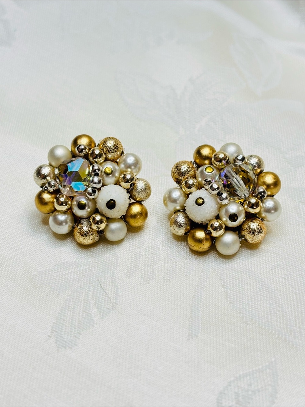 Vintage Retro 1950s Signed Japan Bauble AB Bead Cluster Clip On Earrings